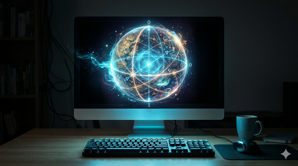 Monitor de computador exibindo uma esfera quântica brilhante para ilustrar o conceito de computação quântica.