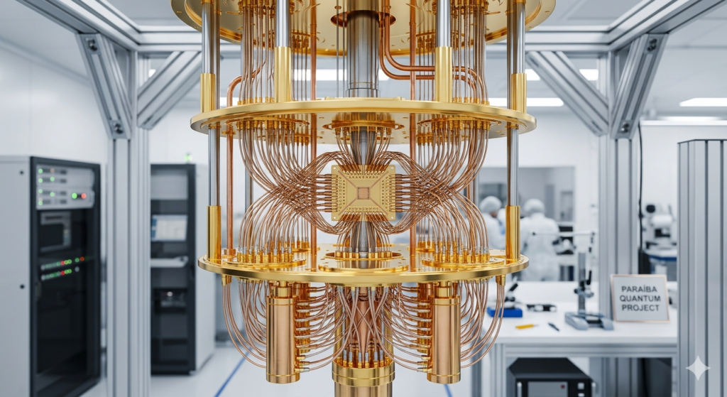 Estrutura dourada de um computador quântico em laboratório com referência ao projeto da Paraíba.
