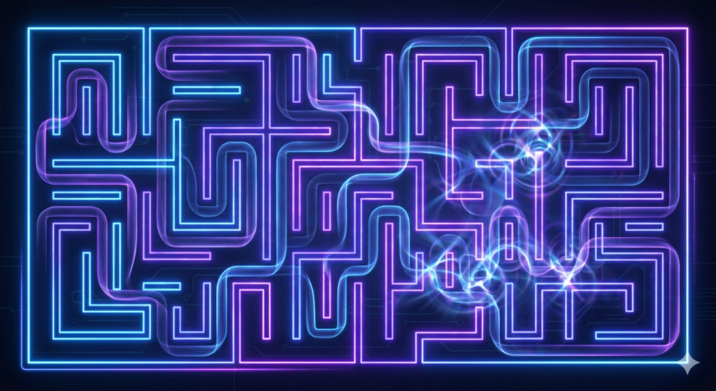 Labirinto em neon azul e roxo com múltiplos caminhos acesos simultaneamente, ilustrando a sobreposição quântica.