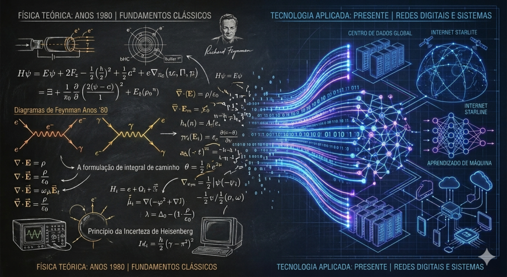 Quadro-negro digital em português mostrando fórmulas de Feynman se transformando em redes de dados brilhantes.