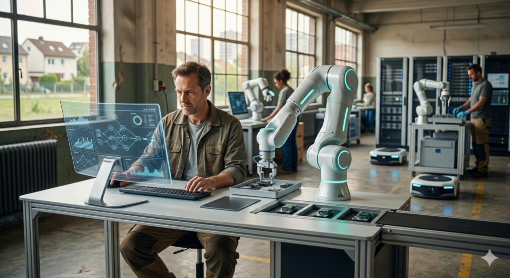 Homem trabalhando junto com robô simbolizando o futuro do trabalho com IA presente no dia a dia.