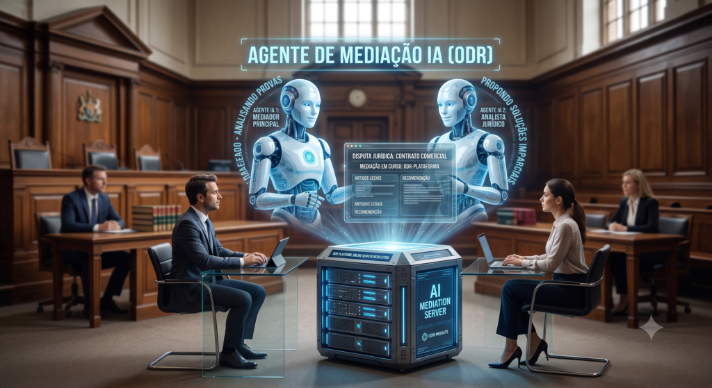 Holografia de dois agentes de IA mediando resolução de conflitos online (ODR), observados por advogados humanos.