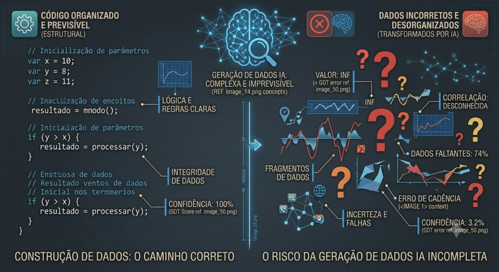 Ilustração de tela dividida com dados organizados e gráficos distorcidos, representando o fenômeno da alucinação de IA