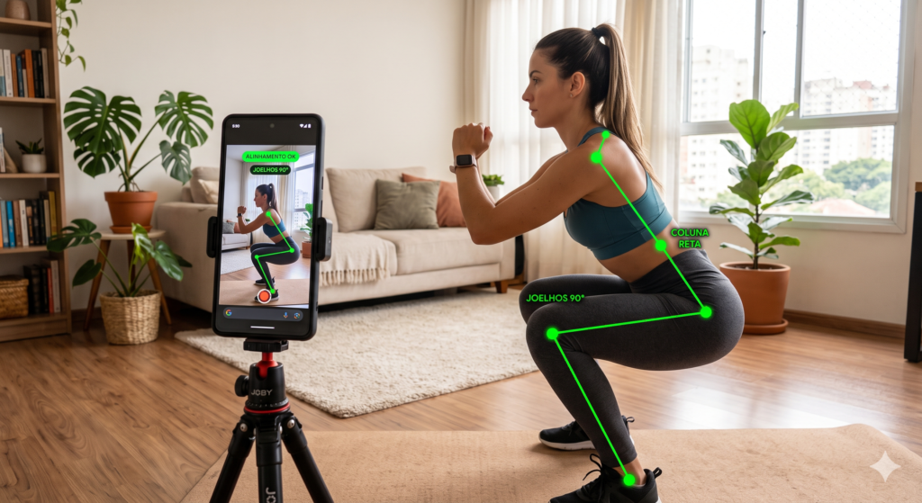 Mulher fazendo agachamento livre filmada por celular com aplicativo de treino com IA para correção de postura.
