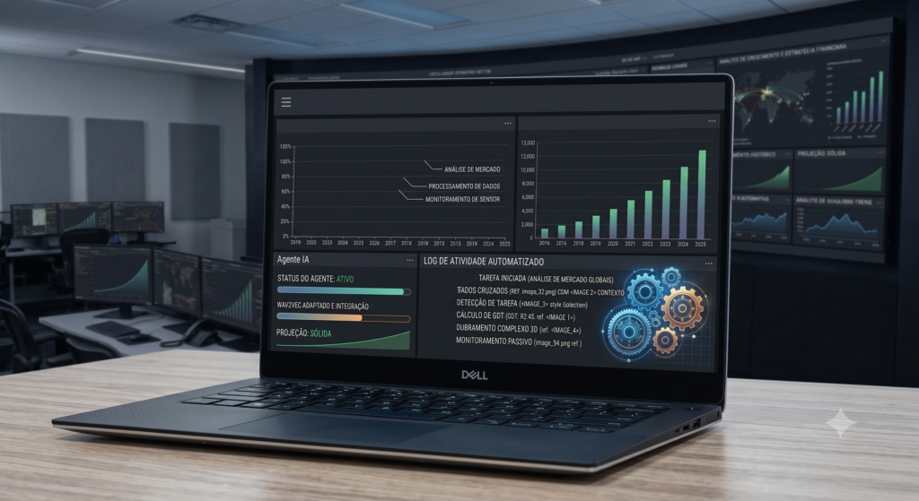 Notebook exibindo painel digital com gráficos e logs de tarefas executadas por um agente de inteligência artificial.