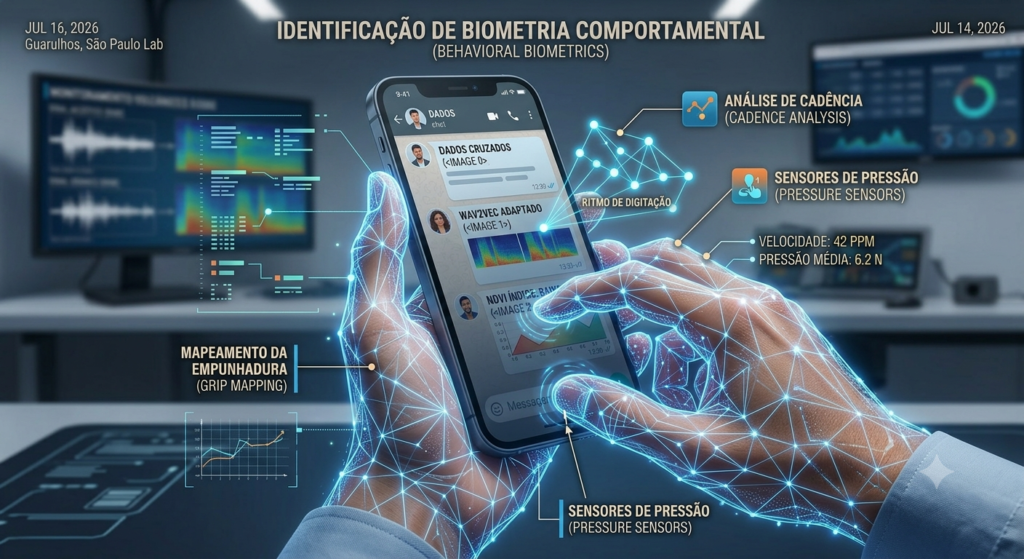 Mão segurando smartphone com linhas digitais mapeando o movimento, representando a biometria comportamental por IA.