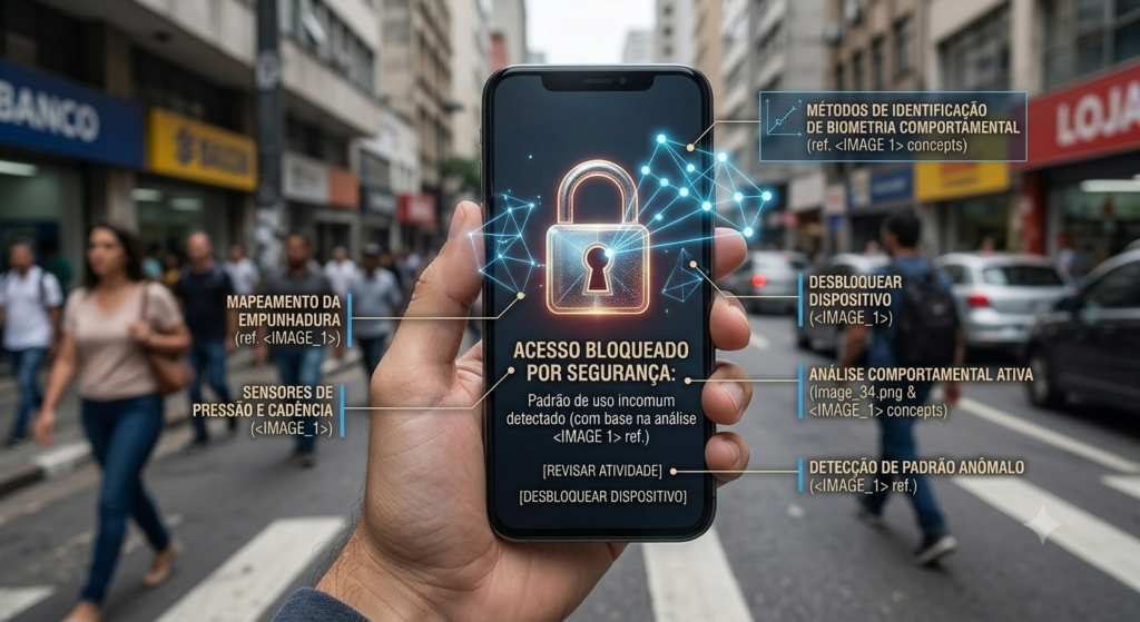 Tela de celular exibindo bloqueio automático por detecção de padrão de uso incomum, simulando antifurto por inteligência artificial.