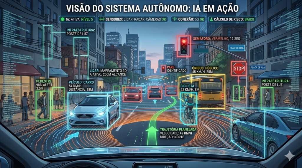 Visão computacional em primeira pessoa do carro autônomo, reconhecendo objetos, pessoas e cenários.