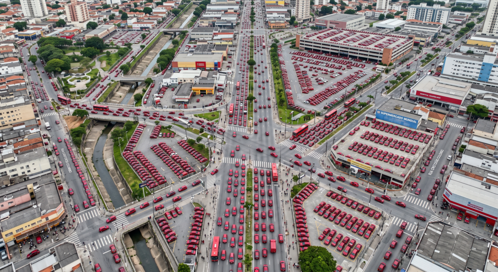 Vista aérea de área urbana somente com carros vermelhors para ilustrar o efeito Baader-Meinhof.