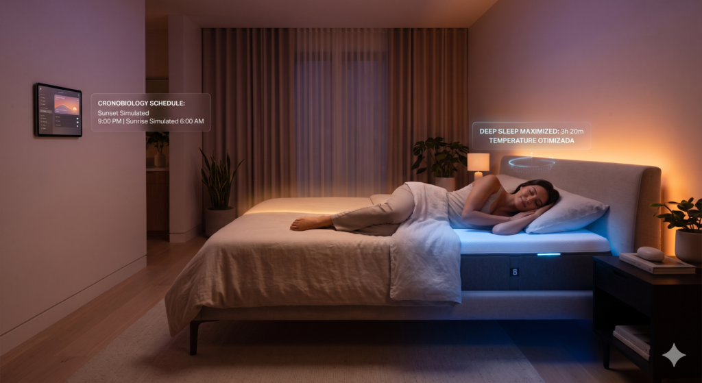 Mulher dormindo em cama Eight Sleep Pod com temperatura por IA e luz Philips Hue simulando pôr do sol no quarto.