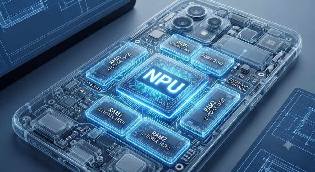Visão interna em raio-x do processador NPU e memórias de um smartphone moderno brilhando em azul.