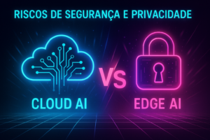 Holografia de nuvem com dados versus cadeado protetor, simbolizando o dilema Cloud AI x Edge AI.