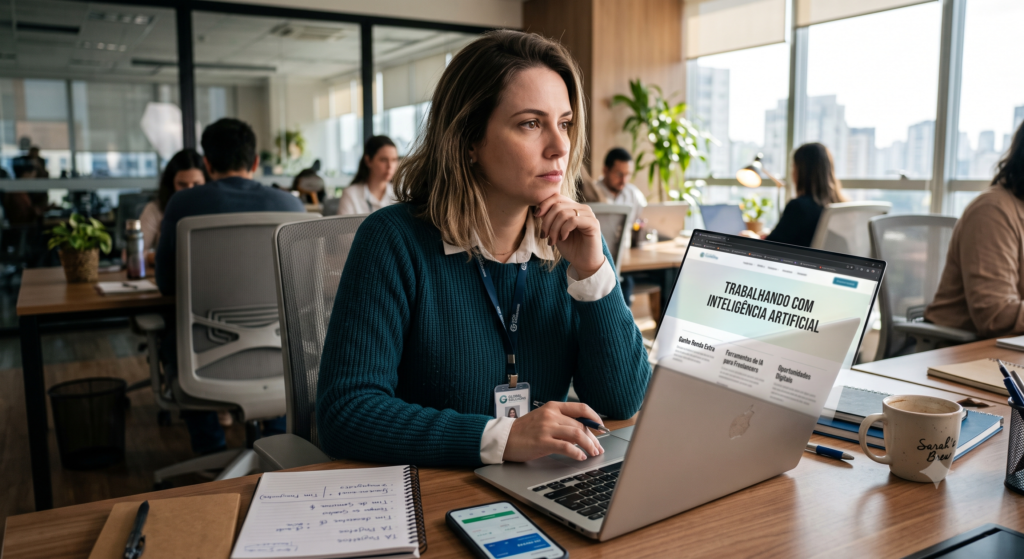 Funcionária pensativa em frente ao notebook considerando fazer renda extra com inteligencia artificial.