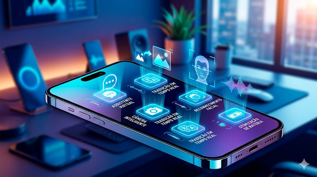 Smartphone flutuante com aplicativos de inteligência artificial sendo projetados holograficamente fora da tela.