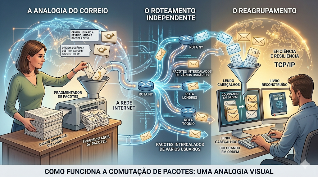 Analogia do Correio para ilustrar o funcionamento da Comutação de Pacotes na Internet.