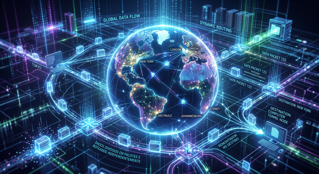Imagem holográfica de pacotes digitais percorrendo rotas entre computadores ao redor do globo terrestre.