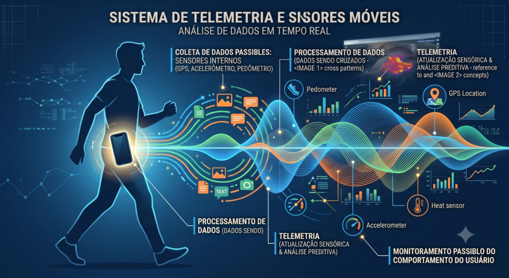Gráfico conceitual mostrando um smartphone capturando dados de movimento, telemetria e acelerômetro em segundo plano.