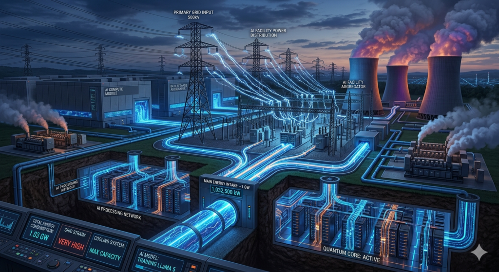 Imagem panorâmica de um data center de IA consumindo energia de estações elétricas e usinas nucleares.