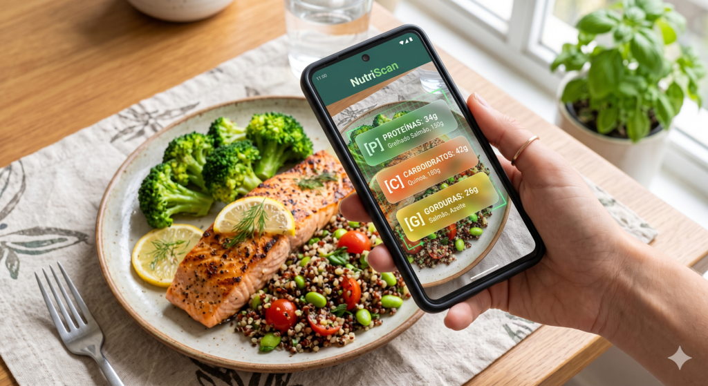 Prato com refeição saudável sendo escaneado por smartphone com aplicativo de dieta por IA.