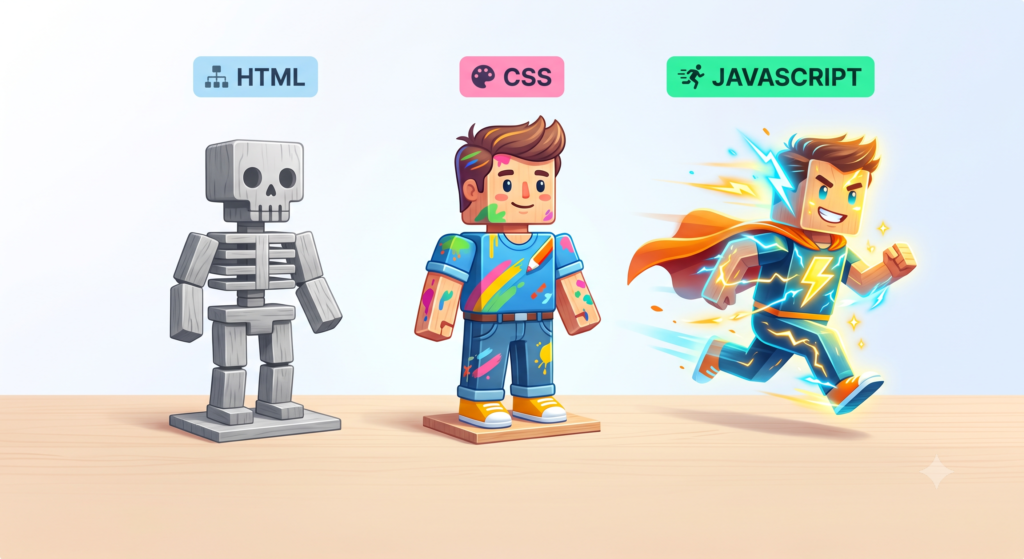 Infográfico criativo ilustrando a diferença entre a estrutura HTML, o estilo CSS e a dinâmica do JavaScript.