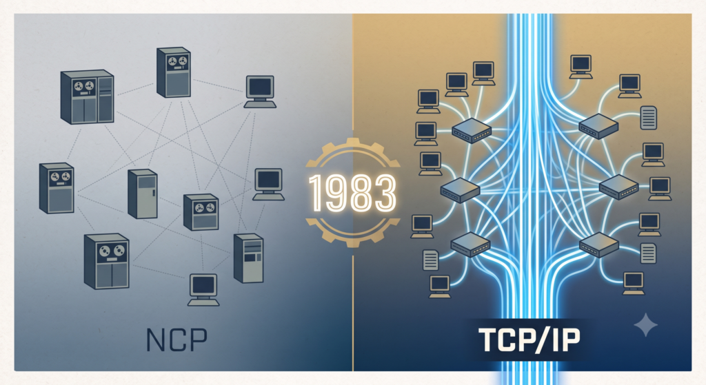 Ilustração conceitual da transição de redes de computadores antigos para o protocolo unificado TCP/IP em 1983.