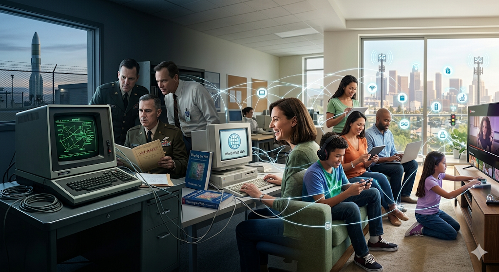 Sequência histórica da internet: militares num laboratório com computadores, pessoas trabalhado com PCs em escritório e família usando internet das coisas em casa.