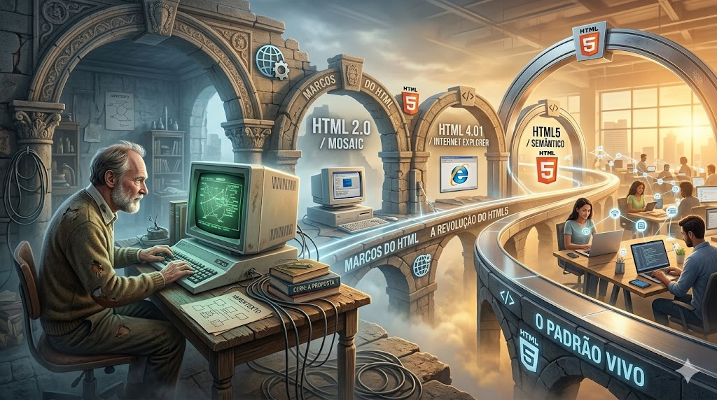 Homem digitando em computador antigo no início de um caminho que termina nos computadores atuais simbolizando a história do HTML.