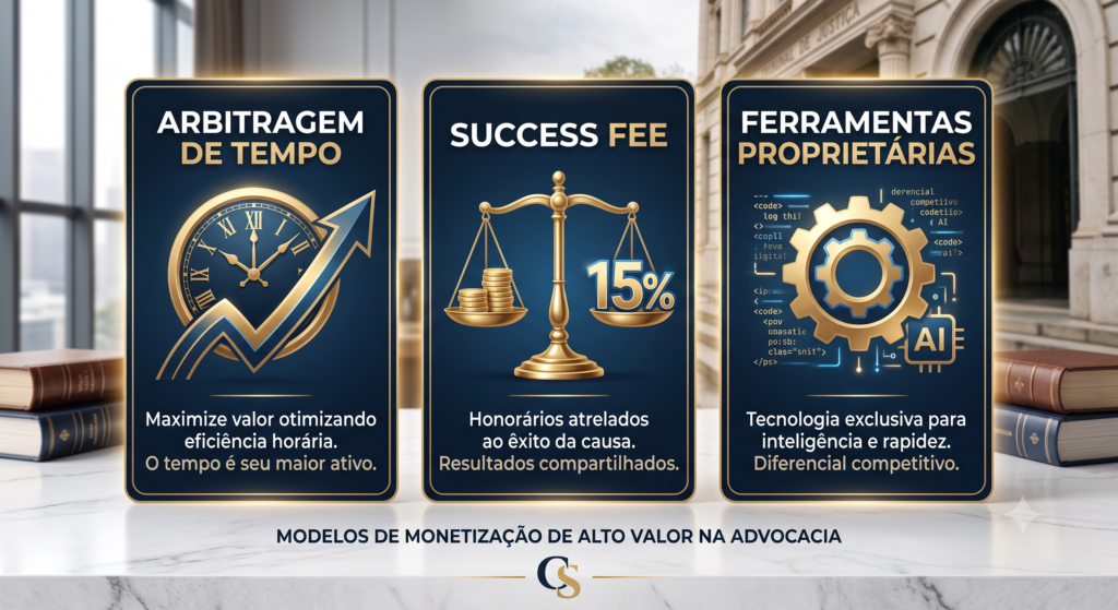 Três modelos de monetização com IA na advocacia em 2026: arbitragem de tempo, success fee e ferramentas proprietárias