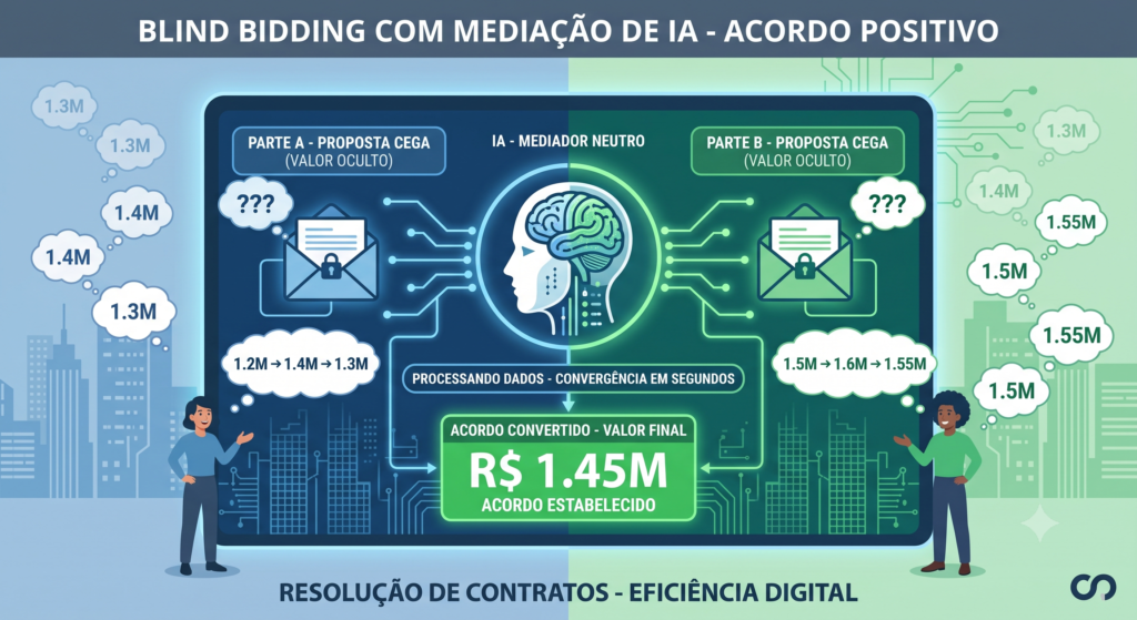 Plataforma de ODR com IA mediando resolução de conflitos online entre empresa e consumidor via Blind Bidding.