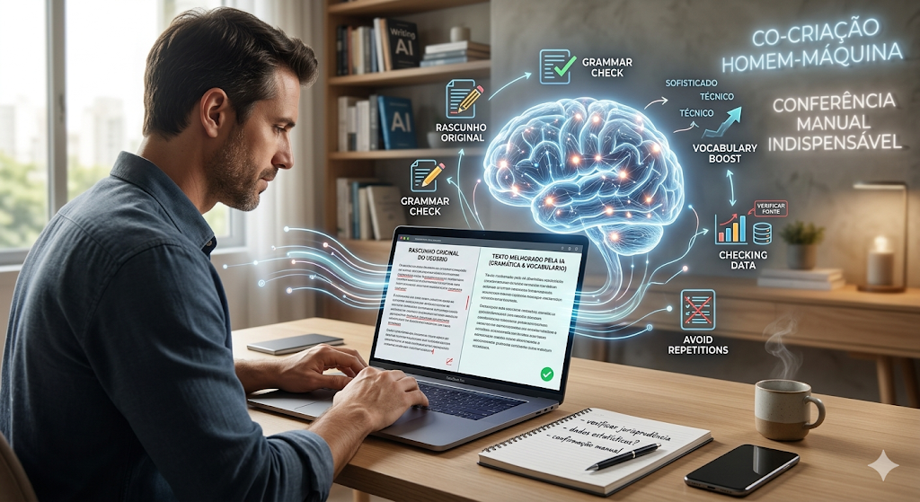 Homem digitando num notebook com cérebro holográfico saindo do computador simbolizando a IA generativa.