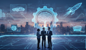 Pessoas conversando em cenário holográfico ilustrando o futuro do trabalho com inteligência artificial.
