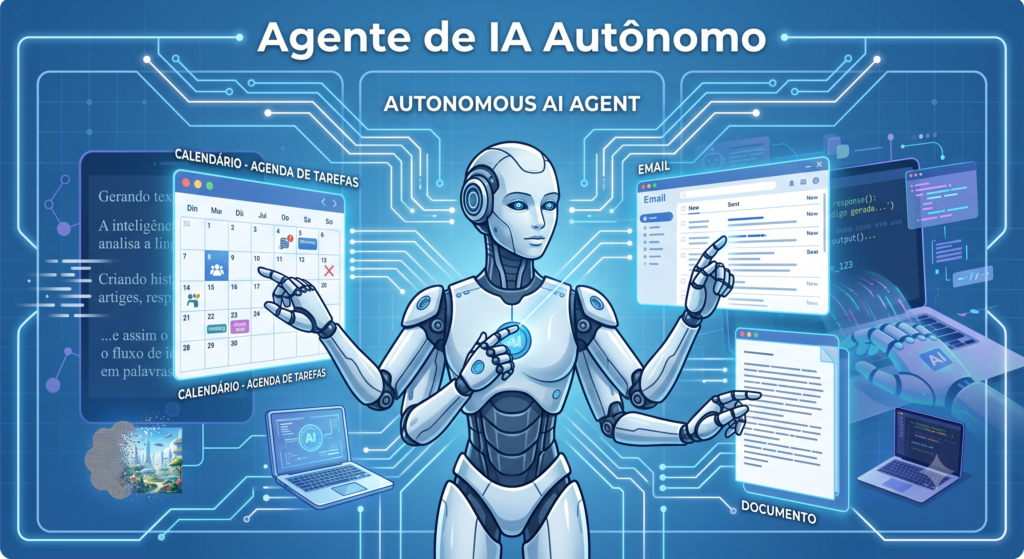 Agente de IA generativa autônomo executando tarefas simultaneamente: agenda, e-mail e documentos