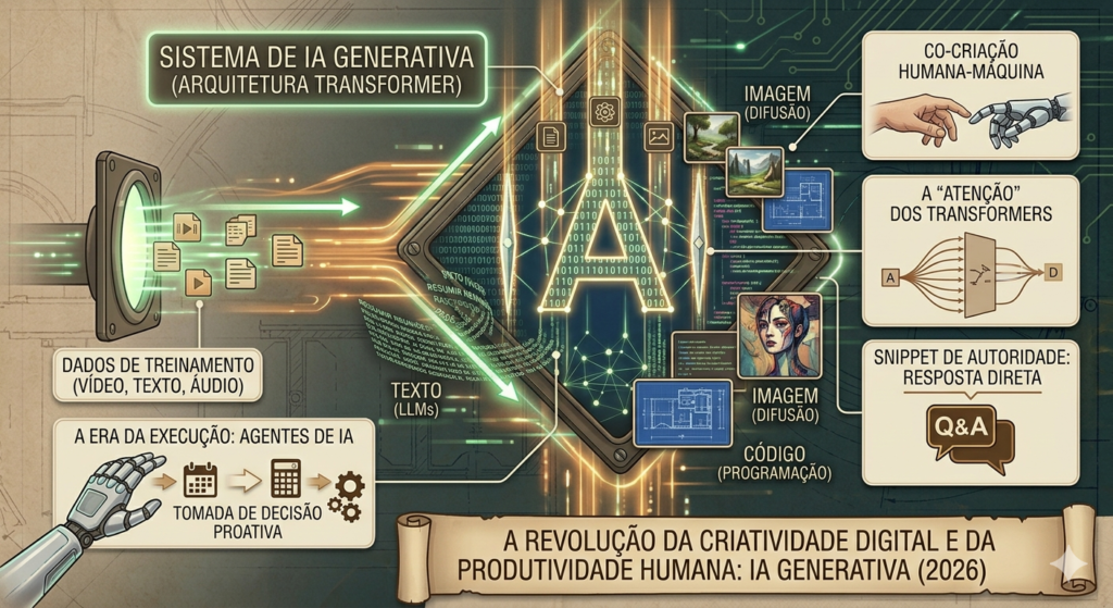 Infográfico mostrando o funcionamento da arquitetura transformer dentro da IA generativa.