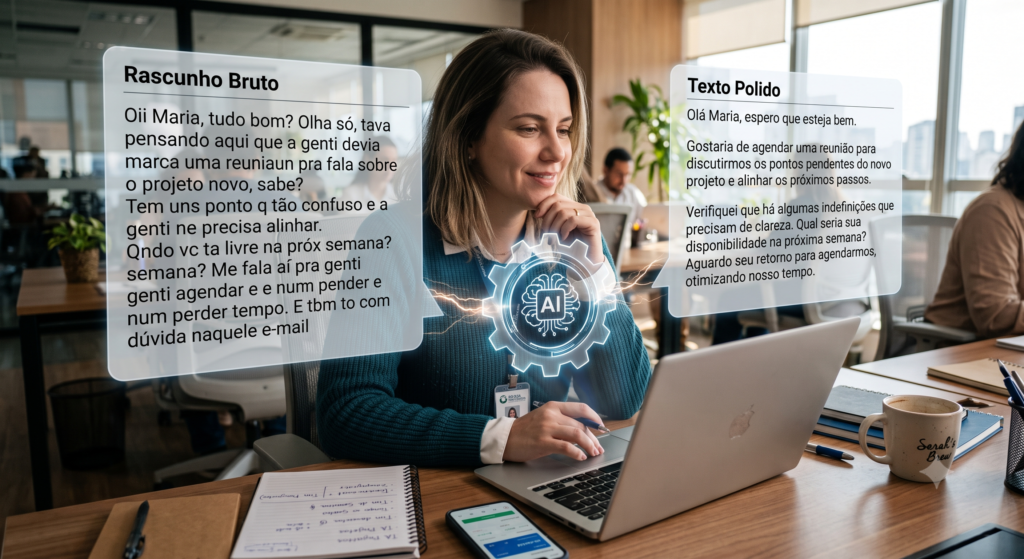 Pessoa usando IA generativa como copiloto de escrita: rascunho humano transformado em texto polido com engenharia de prompt"