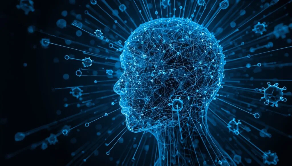 Holografia de uma cabeça pensante formada por neurônios de luz azul, simbolizando a IA generativa.