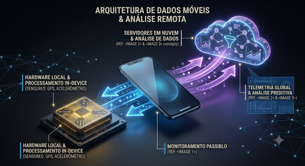 Infográfico conceitual mostrando um smartphone conectado simultaneamente a um processador local e a uma nuvem de dados digitais.