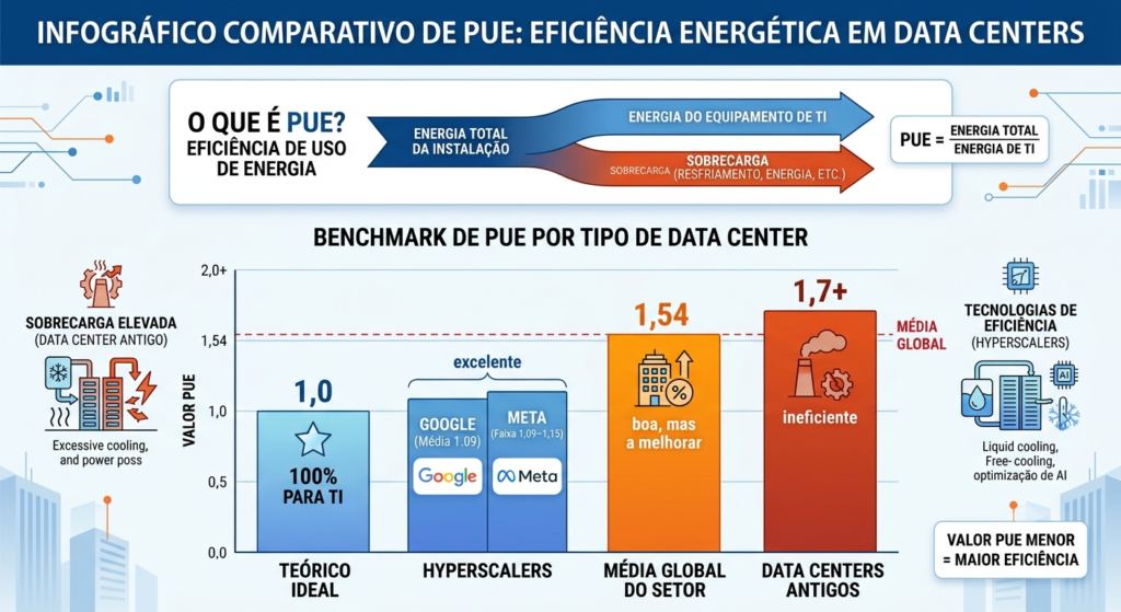Infográfico comparativo de PUE e eficiência energética em data centers, mostrando o benchmark de consumo de energia global.