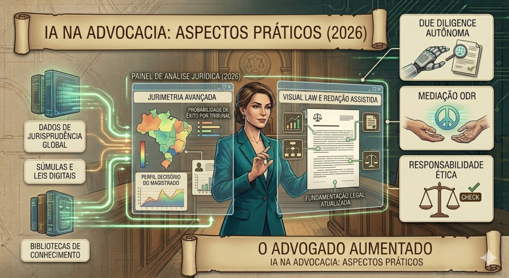 Advogada trabalhando com imagens holográficas de Jurimetria Avançada e Visual Law.