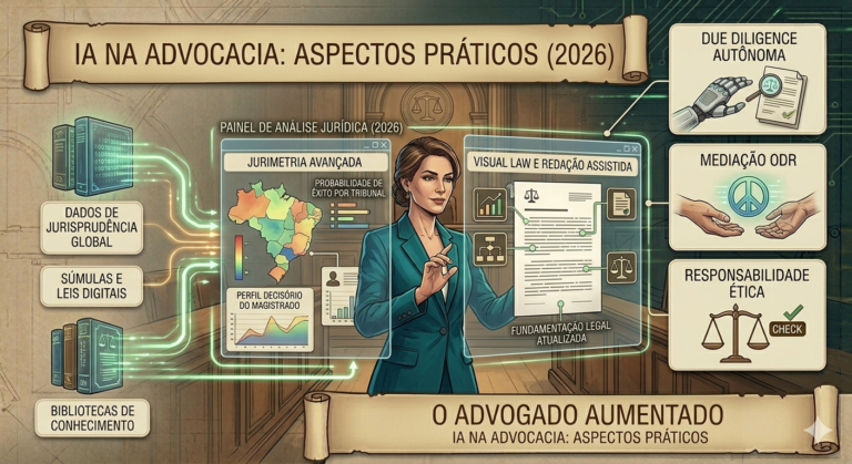 Advogada trabalhando com imagens holográficas de Jurimetria Avançada e Visual Law.