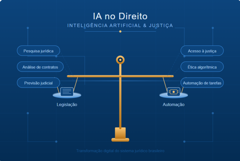 Balança da Justiça em formato estilizado em infográfico mostra detalhes do uso de IA no direito.