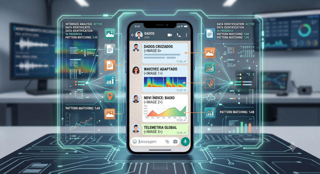 Tela de smartphone com efeito digital de escaneamento inteligente de interface e leitura de contexto por IA.