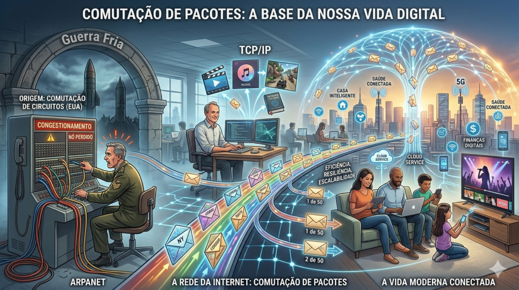 Ilustração da evolução histórica da internet através da comutação de pacotes.