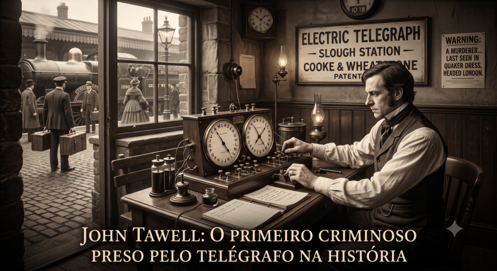 Homem operando telégrafo de Cooke-Wheatstone na Slough Station em 1845.