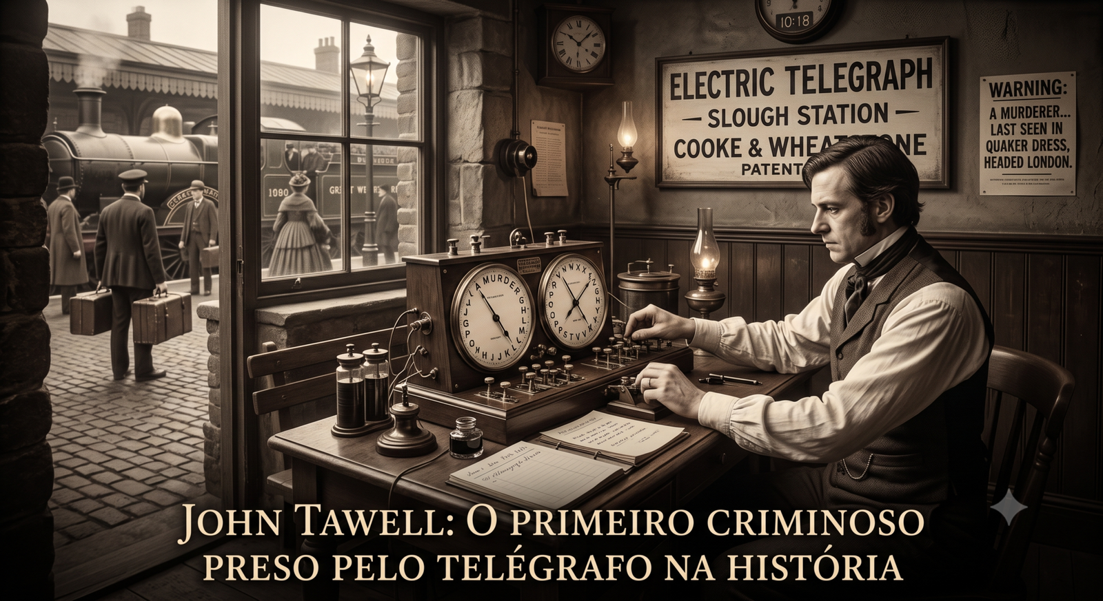 Homem operando telégrafo de Cooke-Wheatstone na Slough Station em 1845.
