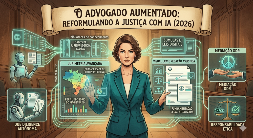 Advogada operando imagens holográficas de Visual Law, jurimetria avançada e redação assistida.