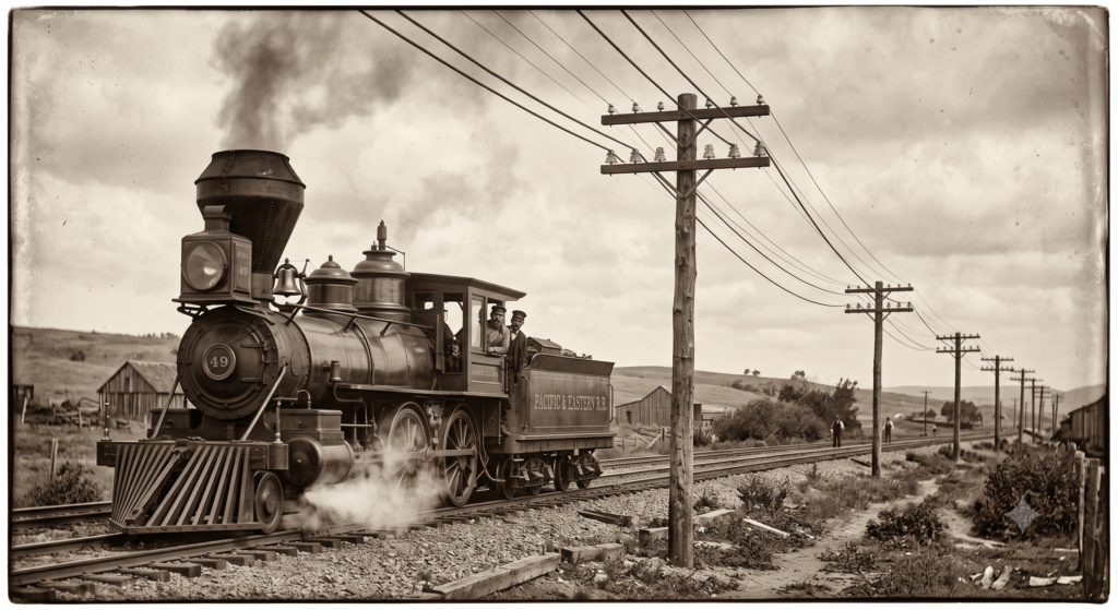 Postes de telégrafo com fios estendidos ao longo de uma linha de ferrovia com trem a vapor antigo no século XIX.