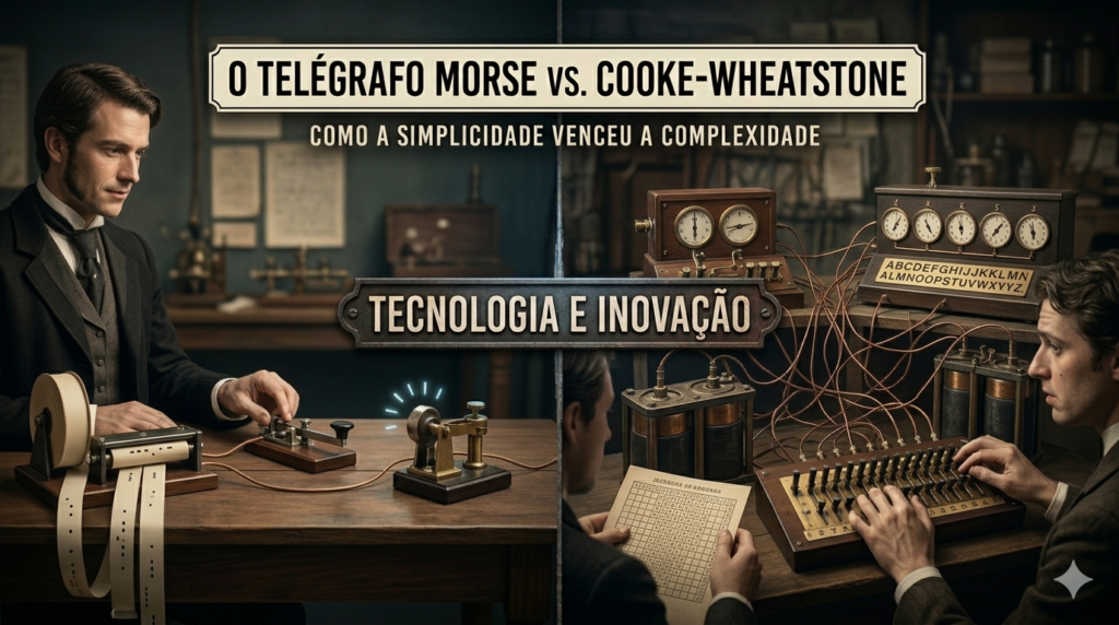 Homem operando o telégrafo de Morse dentro uma estação ferroviária em ilustração típica do século XIX.