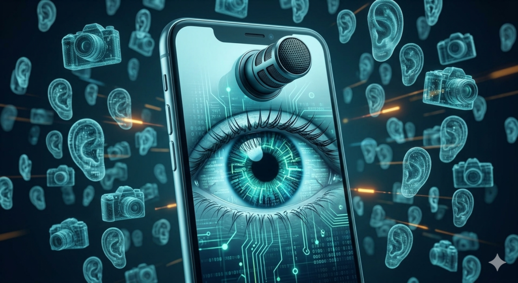 Smartphone com olho em sua tela e um microfone destacado para fora do aparelho, simbolizando espionagem por vídeo e áudio.