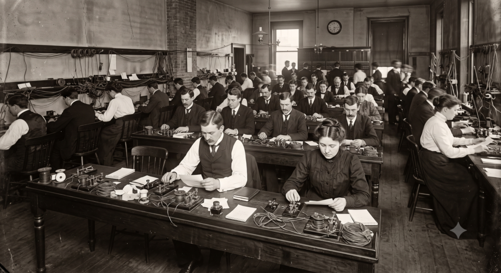 Operadores de telégrafo trabalhando em uma central vitoriana repleta de fios e chaves de metal, em foto antiga.