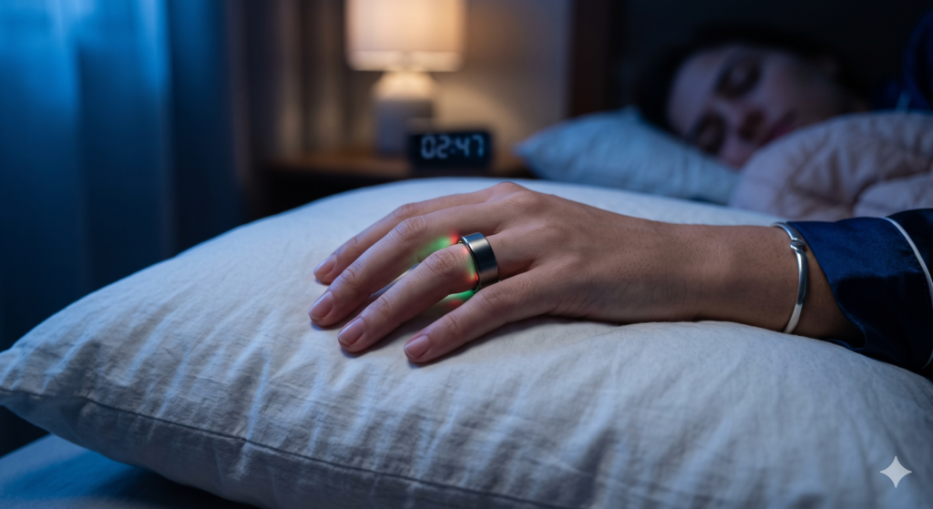 Pessoa dormindo com oura ring para monitorar o sono.
